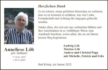 Traueranzeige von Anneliese Löb von vrm-trauer Odenwälder Echo