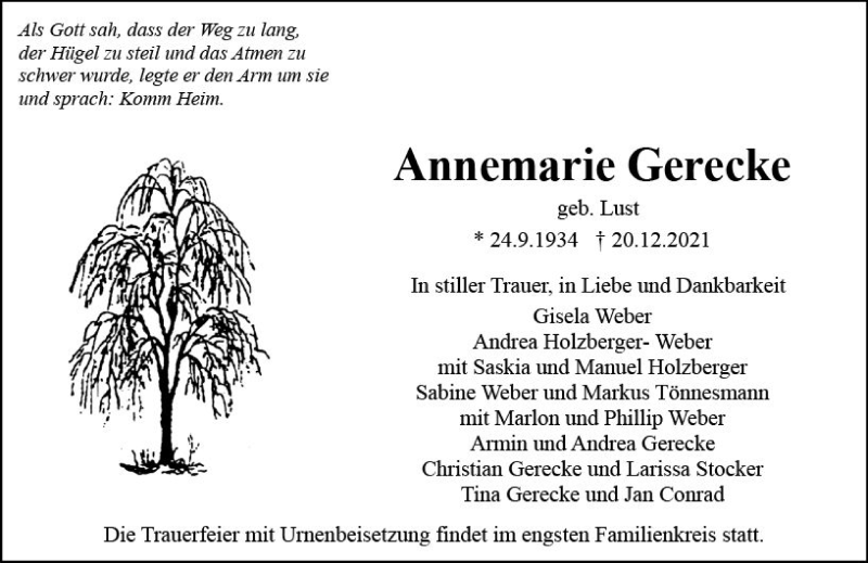 Traueranzeige für Annemarie Gerecke vom 05.01.2022 aus vrm-trauer Odenwälder Echo