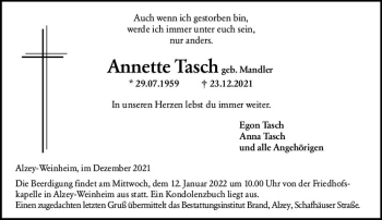 Traueranzeige von Annette Tasch von vrm-trauer Allgemeine Zeitung Alzey