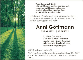 Traueranzeige von Anni Göttmann von vrm-trauer Odenwälder Echo