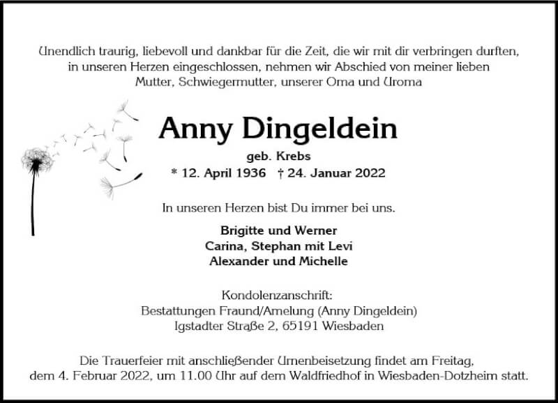  Traueranzeige für Anny Dingeldein vom 29.01.2022 aus vrm-trauer Wiesbadener Kurier