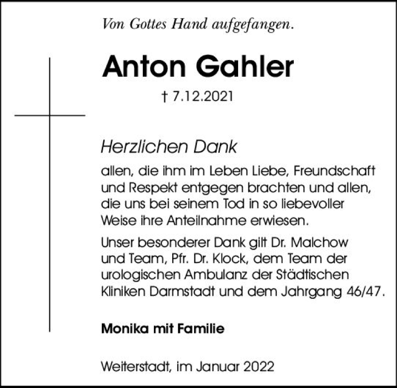  Traueranzeige für Anton Gahler vom 08.01.2022 aus vrm-trauer Darmstädter Echo