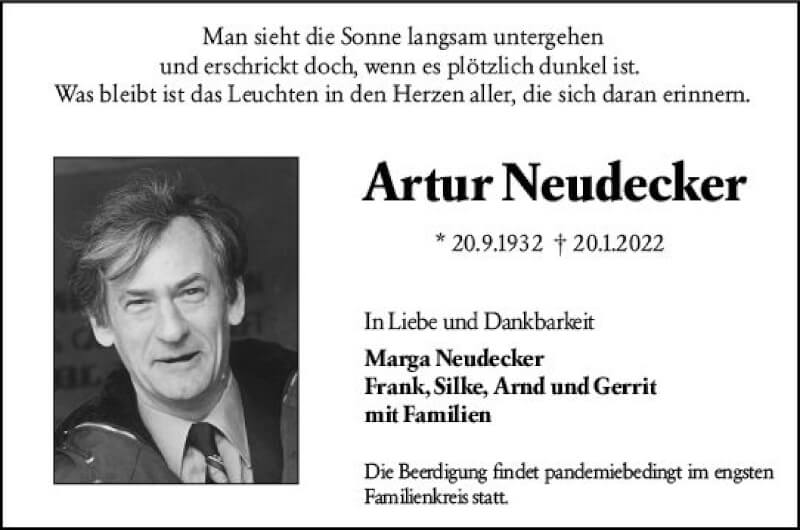  Traueranzeige für Artur Neudecker vom 22.01.2022 aus vrm-trauer Wiesbadener Kurier