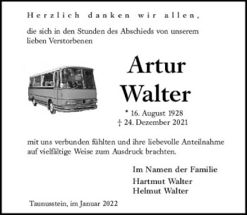 Traueranzeige von Artur Walter von vrm-trauer Wiesbadener Kurier