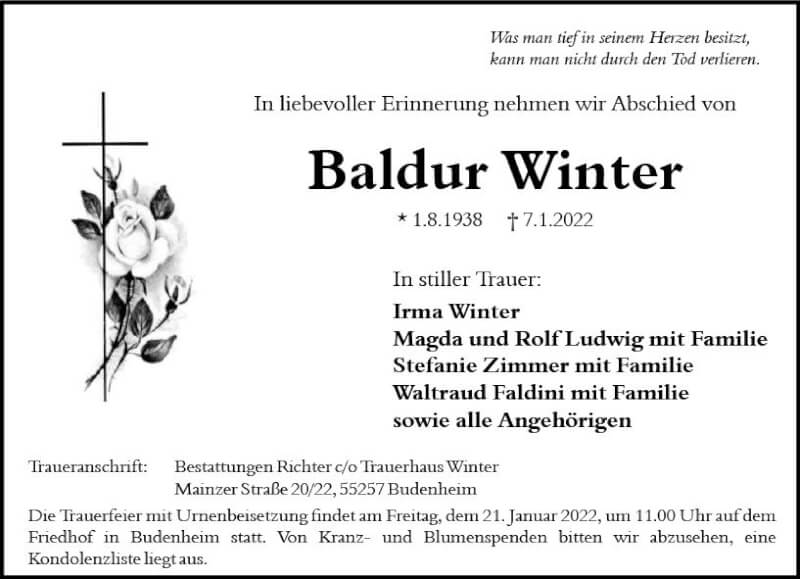  Traueranzeige für Baldur Winter vom 15.01.2022 aus vrm-trauer AZ Mainz