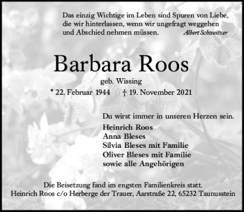 Traueranzeige von Barbara Roos von vrm-trauer Wiesbadener Kurier