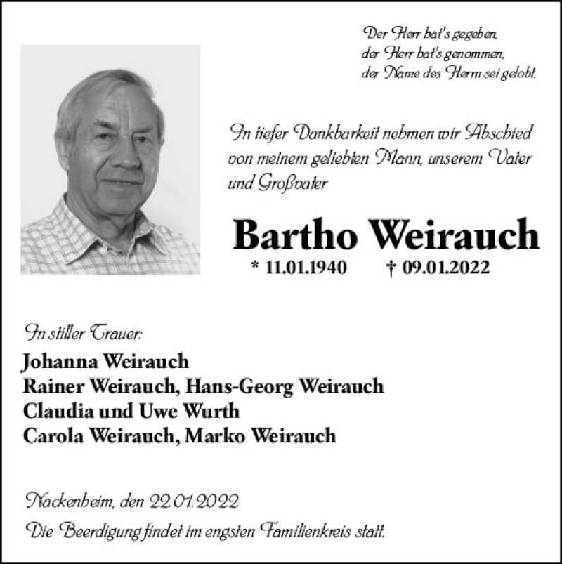  Traueranzeige für Bartho Weirauch vom 22.01.2022 aus vrm-trauer AZ Mainz