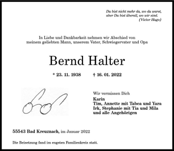 Traueranzeige von Bernd Halter von vrm-trauer Allg. Zeitung Bad Kreuznach