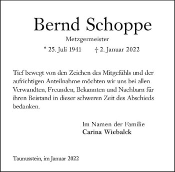Traueranzeige von Bernd Schoppe von vrm-trauer Wiesbadener Kurier