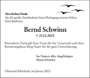 Traueranzeige von Bernd Schwinn von vrm-trauer Odenwälder Echo