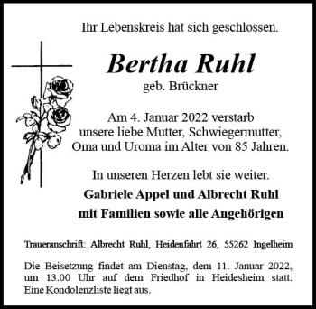 Traueranzeige von Bertha Ruhl von vrm-trauer Allgemeine  Zeitung Ingelheim-Bingen