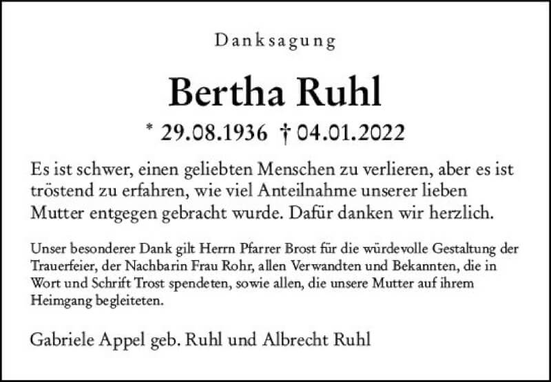  Traueranzeige für Bertha Ruhl vom 29.01.2022 aus vrm-trauer Allgemeine  Zeitung Ingelheim-Bingen
