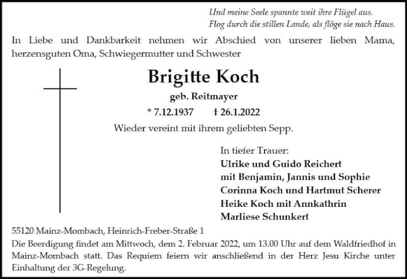  Traueranzeige für Brigitte Koch vom 29.01.2022 aus vrm-trauer AZ Mainz