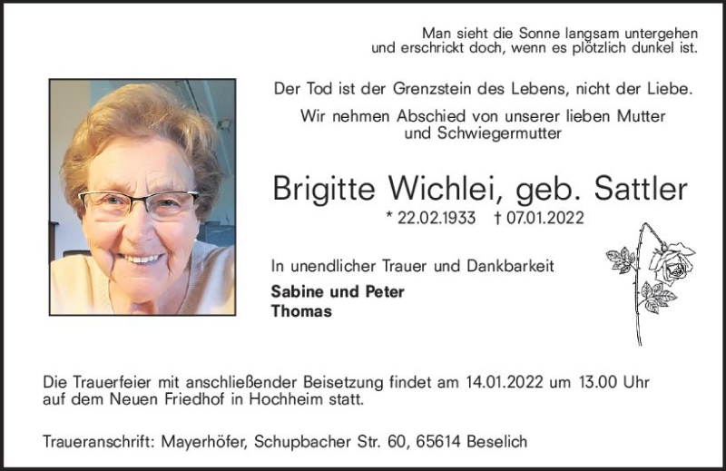  Traueranzeige für Brigitte Wichlei vom 14.01.2022 aus  Gestaltungspauschale