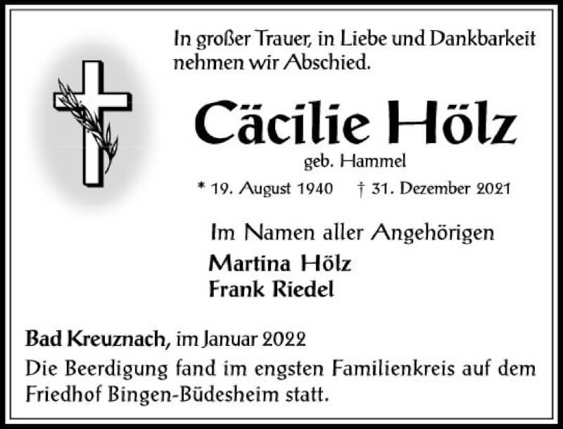  Traueranzeige für Cäcilie Hölz vom 29.01.2022 aus vrm-trauer Allg. Zeitung Bad Kreuznach