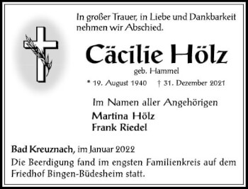 Traueranzeige von Cäcilie Hölz von vrm-trauer Allg. Zeitung Bad Kreuznach