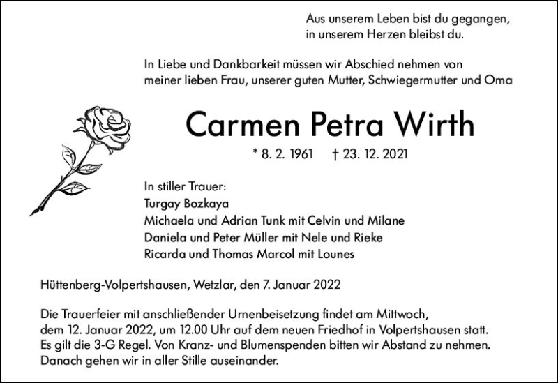  Traueranzeige für Carmen  Wirth vom 07.01.2022 aus Wetzlarer Neue Zeitung