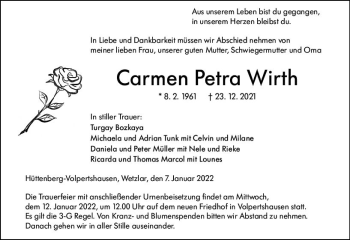 Traueranzeige von Carmen  Wirth von Wetzlarer Neue Zeitung