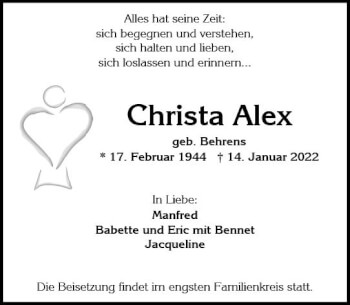 Traueranzeige von Christa Alex von vrm-trauer Wiesbadener Kurier