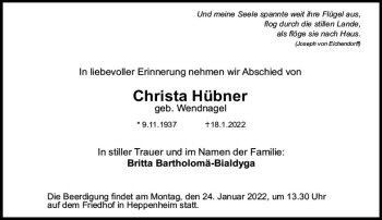 Traueranzeige von Christa Hübner von vrm-trauer Bürstädter/Lamperth. Ztg/Starkenburger