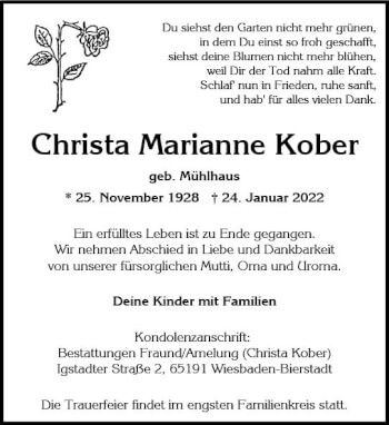 Traueranzeige von Christa Marianne Kober von vrm-trauer Wiesbadener Kurier