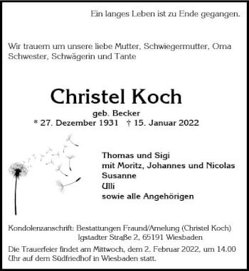 Traueranzeige von Christel Koch von vrm-trauer Wiesbadener Kurier