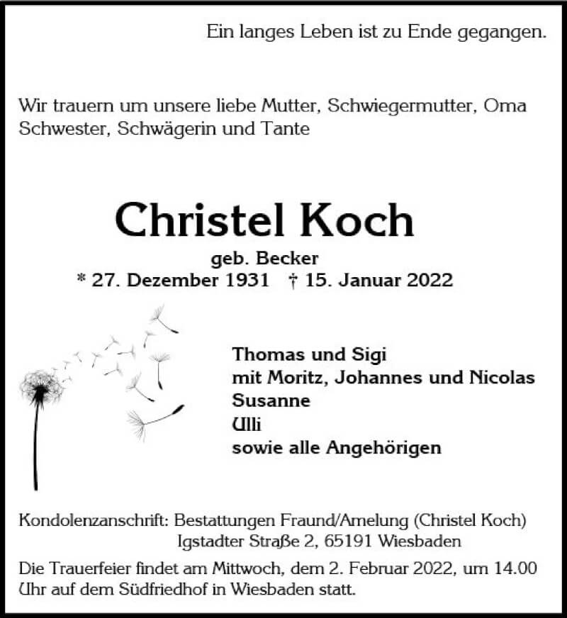  Traueranzeige für Christel Koch vom 22.01.2022 aus vrm-trauer Wiesbadener Kurier