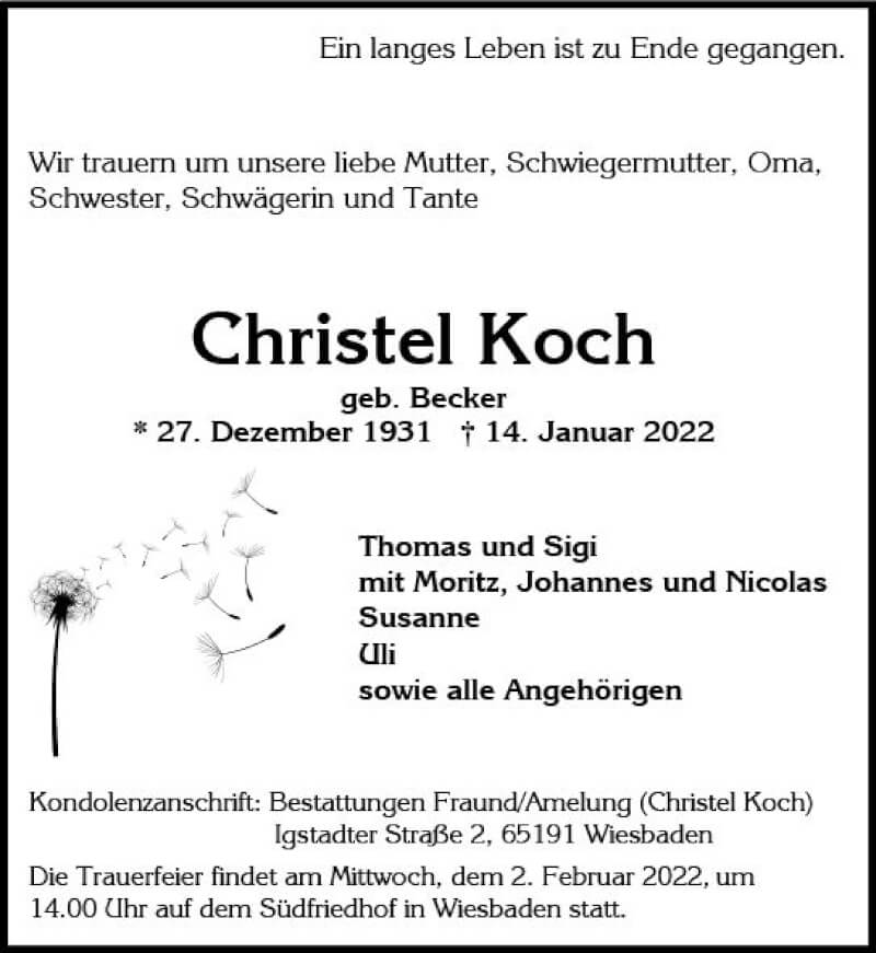  Traueranzeige für Christel Koch vom 29.01.2022 aus vrm-trauer Wiesbadener Kurier