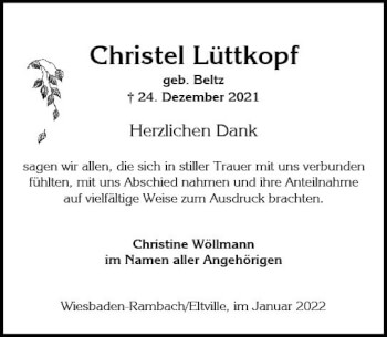 Traueranzeige von Christel Lüttkopf von vrm-trauer Wiesbadener Kurier