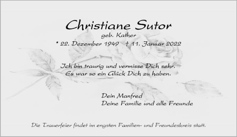  Traueranzeige für Christiane Sutor vom 22.01.2022 aus vrm-trauer AZ Mainz