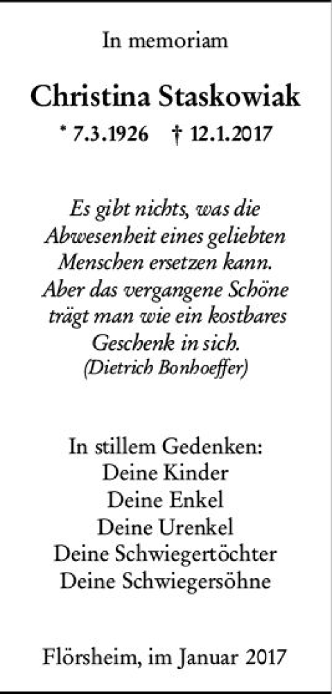  Traueranzeige für Christina Staskowiak vom 12.01.2022 aus vrm-trauer Rüsselsheimer Echo / MainSpitze