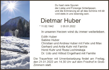 Traueranzeige von Dietmar Huber von vrm-trauer DieburgerAnzeiger/Groß-Zimmerner Lokala