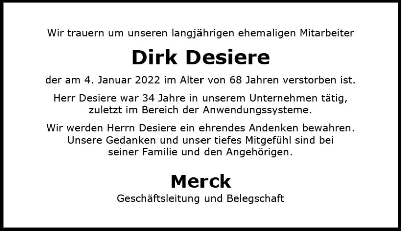  Traueranzeige für Dirk Desiere vom 17.01.2022 aus vrm-trauer Darmstädter Echo