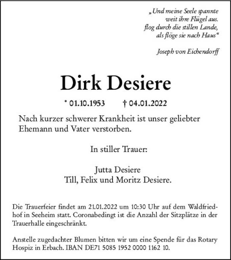  Traueranzeige für Dirk Desiere vom 15.01.2022 aus vrm-trauer Darmstädter Echo