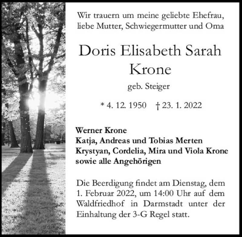  Traueranzeige für Doris Elisabeth Sarah Krone vom 29.01.2022 aus vrm-trauer Odenwälder Echo