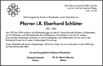 Traueranzeige von Eberhard Schlüter von vrm-trauer Wiesbadener Kurier