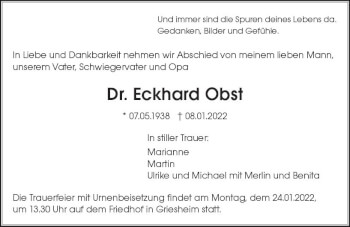 Traueranzeige von Eckhard Obst von vrm-trauer Darmstädter Echo