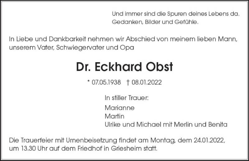  Traueranzeige für Eckhard Obst vom 15.01.2022 aus vrm-trauer Darmstädter Echo