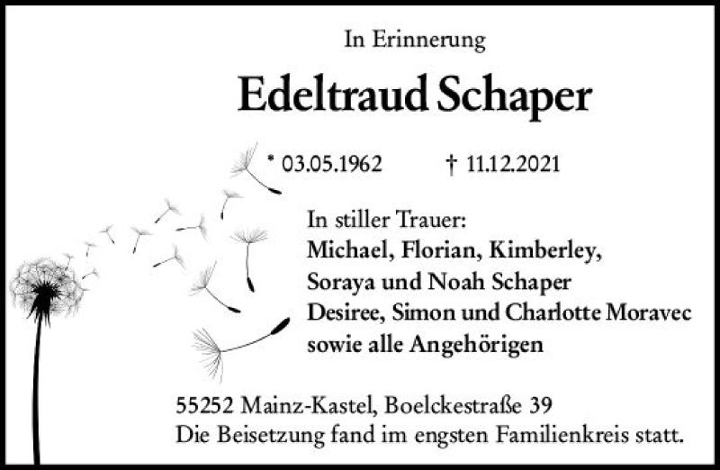  Traueranzeige für Edeltraud Schaper vom 08.01.2022 aus vrm-trauer AZ Mainz