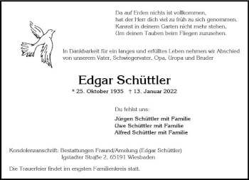 Traueranzeige von Edgar Schüttler von vrm-trauer Wiesbadener Kurier