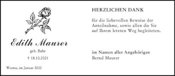 Traueranzeige von Edith Maurer von vrm-trauer Wormser Zeitung