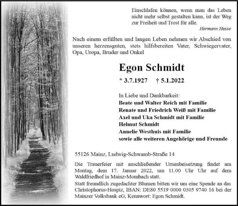  Traueranzeige für Egon Schmidt vom 15.01.2022 aus vrm-trauer AZ Mainz