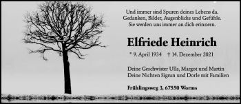 Traueranzeige von Elfriede Heinrich von vrm-trauer Wormser Zeitung