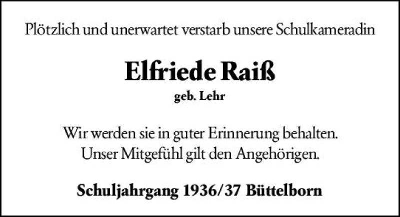 Traueranzeige für Elfriede Raiß vom 26.01.2022 aus vrm-trauer Groß-Gerauer Echo