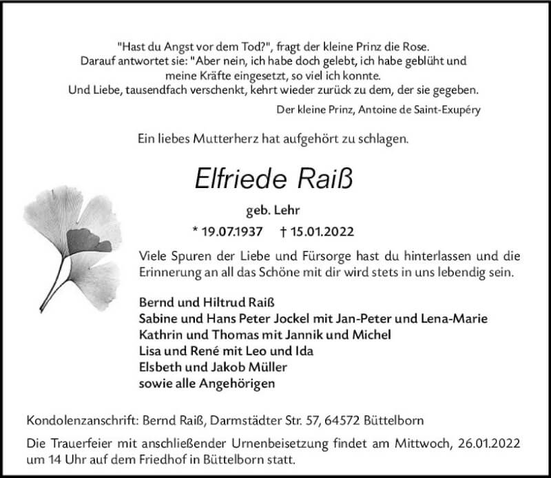  Traueranzeige für Elfriede Raiß vom 22.01.2022 aus vrm-trauer Groß-Gerauer Echo