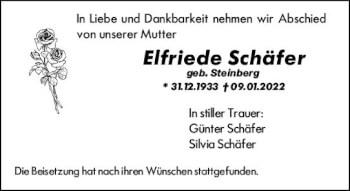 Traueranzeige von Elfriede Schäfer von vrm-trauer Wiesbadener Kurier