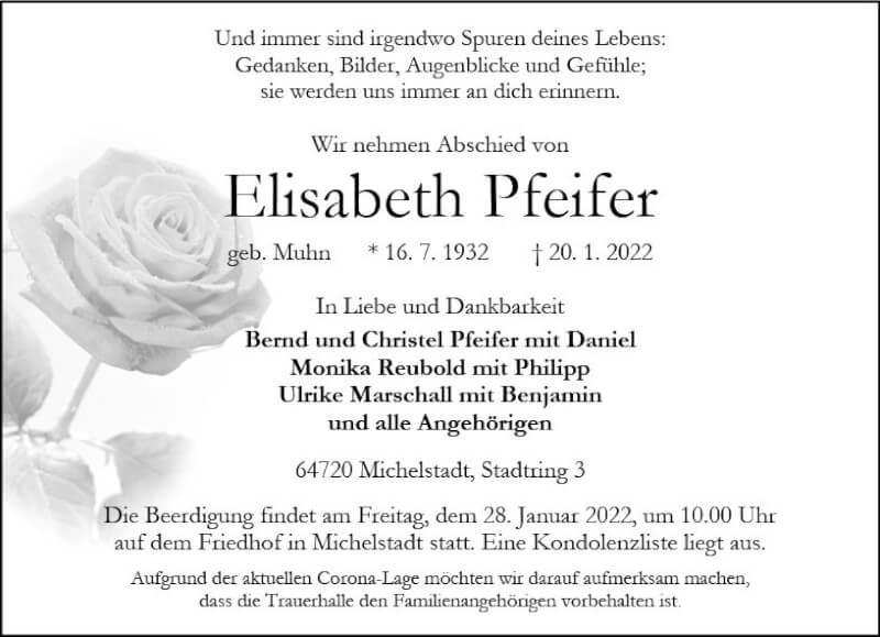  Traueranzeige für Elisabeth Pfeifer vom 22.01.2022 aus vrm-trauer Odenwälder Echo