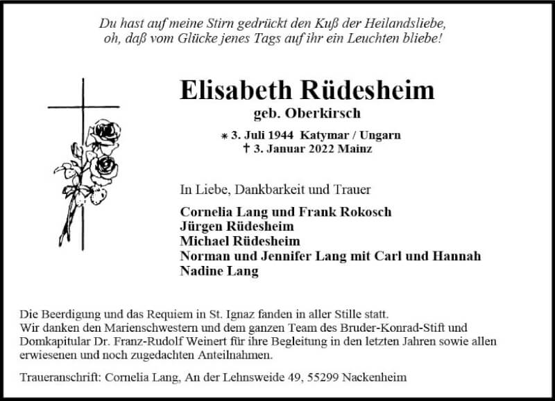  Traueranzeige für Elisabeth Rüdesheim vom 15.01.2022 aus vrm-trauer AZ Mainz