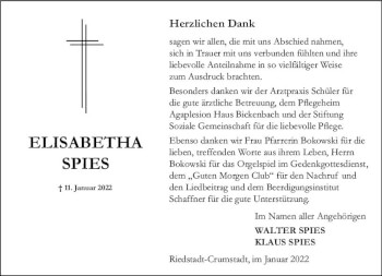 Traueranzeige von Elisabetha Spies von vrm-trauer Groß-Gerauer Echo