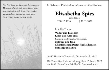 Traueranzeige von Elisabetha Spies von vrm-trauer Groß-Gerauer Echo